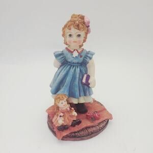 Hand Painted Resin Girl with Book & Doll Figurine Blue Dress Cute Vintage Decor